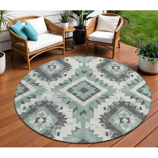 8' Pale Aqua And Gray Round Aztec Washable Indoor Outdoor Area Rug Photo 2
