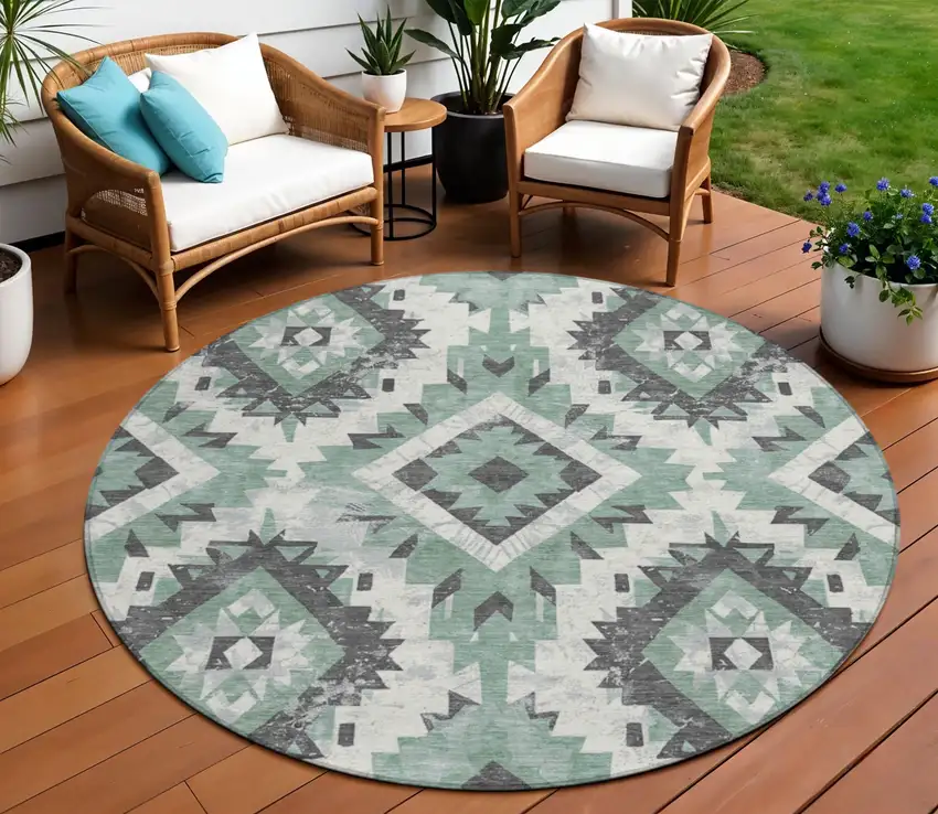 8' Pale Aqua And Gray Round Aztec Washable Indoor Outdoor Area Rug Photo 2