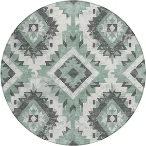 Photo of 8' Pale Aqua And Gray Round Aztec Washable Indoor Outdoor Area Rug