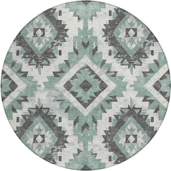 8' Pale Aqua And Gray Round Aztec Washable Indoor Outdoor Area Rug Photo 1