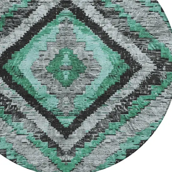 8' Pale Aqua And Gray Round Aztec Washable Indoor Outdoor Area Rug Photo 8