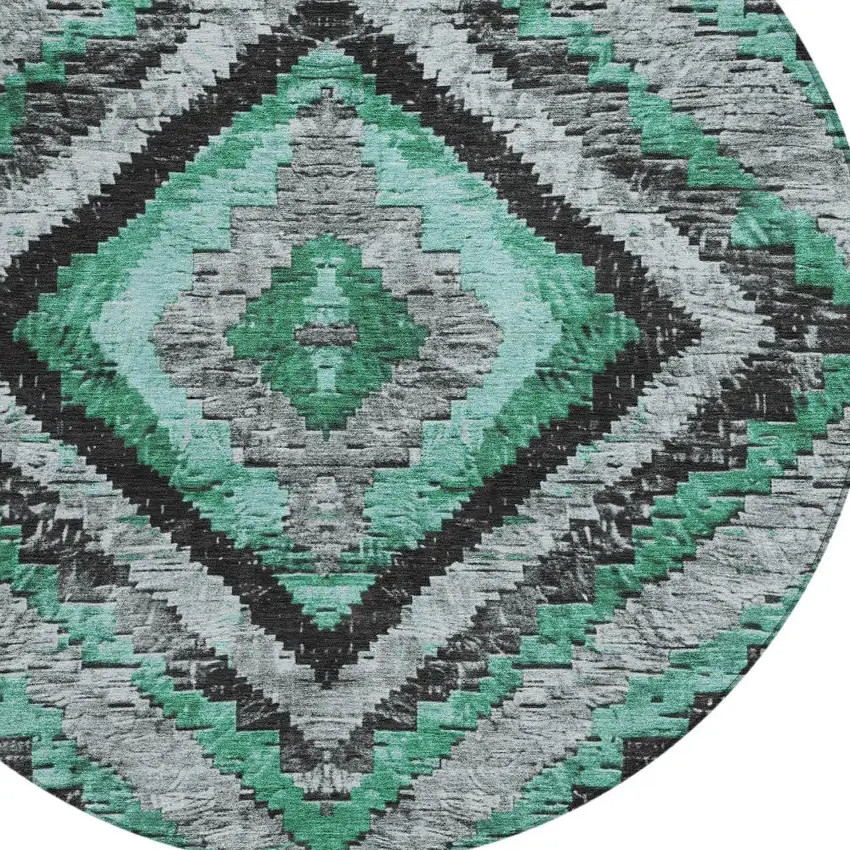 8' Pale Aqua And Gray Round Aztec Washable Indoor Outdoor Area Rug Photo 8