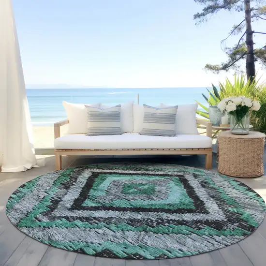 8' Pale Aqua And Gray Round Aztec Washable Indoor Outdoor Area Rug Photo 5