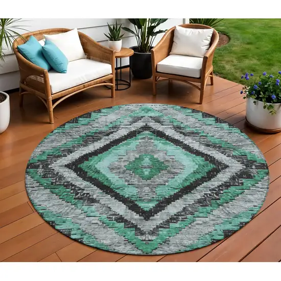 8' Pale Aqua And Gray Round Aztec Washable Indoor Outdoor Area Rug Photo 2