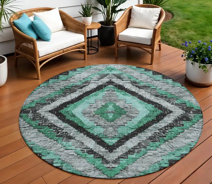 8' Pale Aqua And Gray Round Aztec Washable Indoor Outdoor Area Rug Photo 2