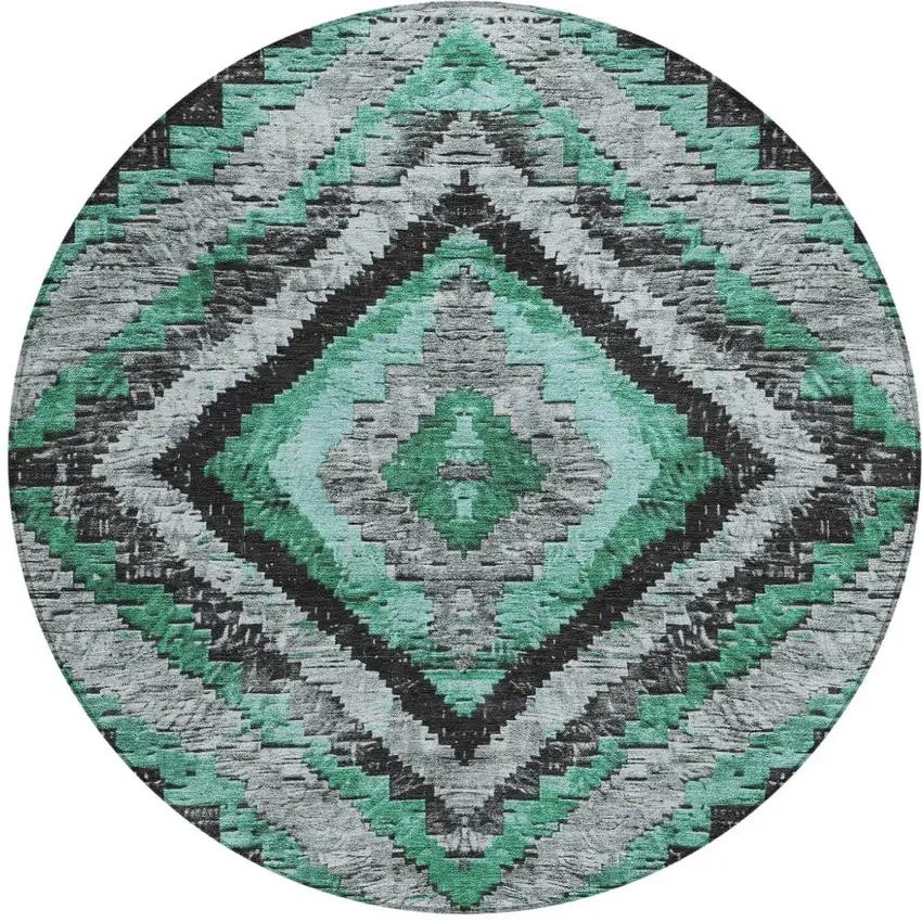 8' Pale Aqua And Gray Round Aztec Washable Indoor Outdoor Area Rug Photo 3