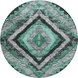 Photo of 8' Pale Aqua And Gray Round Aztec Washable Indoor Outdoor Area Rug