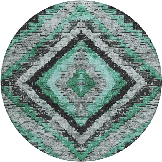 8' Pale Aqua And Gray Round Aztec Washable Indoor Outdoor Area Rug Photo 1