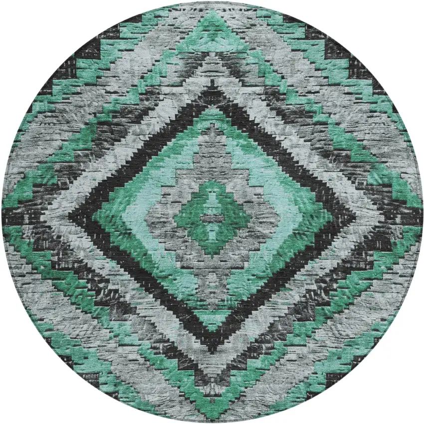 8' Pale Aqua And Gray Round Aztec Washable Indoor Outdoor Area Rug Photo 1