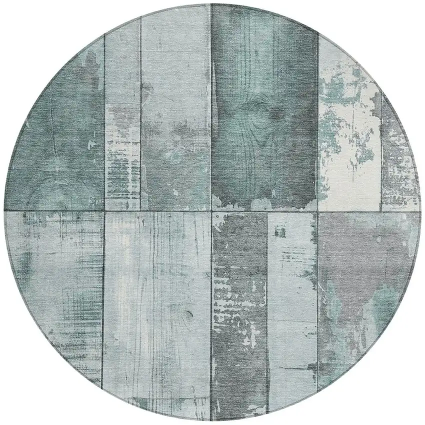 8' Pale Aqua And Gray Round Geometric Washable Indoor Outdoor Area Rug Photo 4