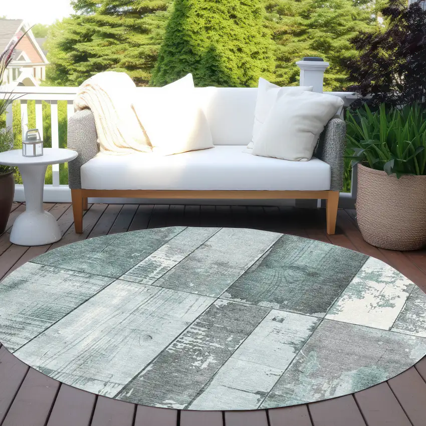 8' Pale Aqua And Gray Round Geometric Washable Indoor Outdoor Area Rug Photo 5