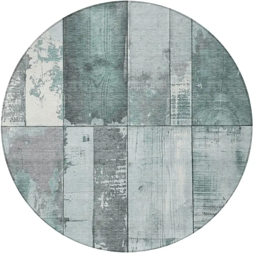8' Pale Aqua And Gray Round Geometric Washable Indoor Outdoor Area Rug Photo 3