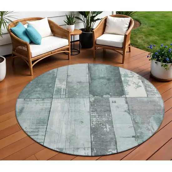 8' Pale Aqua And Gray Round Geometric Washable Indoor Outdoor Area Rug Photo 2