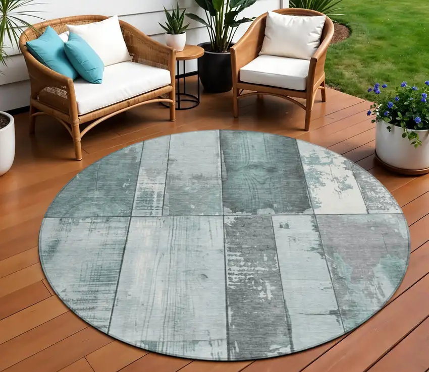 8' Pale Aqua And Gray Round Geometric Washable Indoor Outdoor Area Rug Photo 2