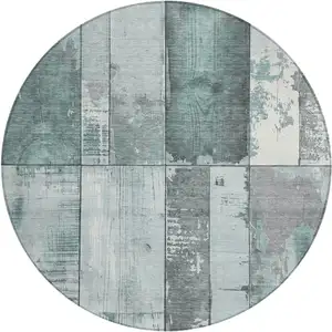 Photo of 8' Pale Aqua And Gray Round Geometric Washable Indoor Outdoor Area Rug