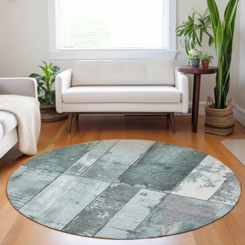8' Pale Aqua And Gray Round Geometric Washable Indoor Outdoor Area Rug Photo 6