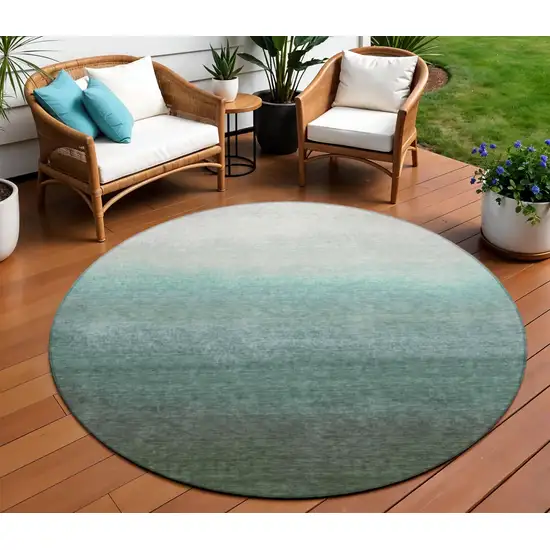 8' Pale Aqua And Gray Round Ombre Washable Indoor Outdoor Area Rug Photo 2