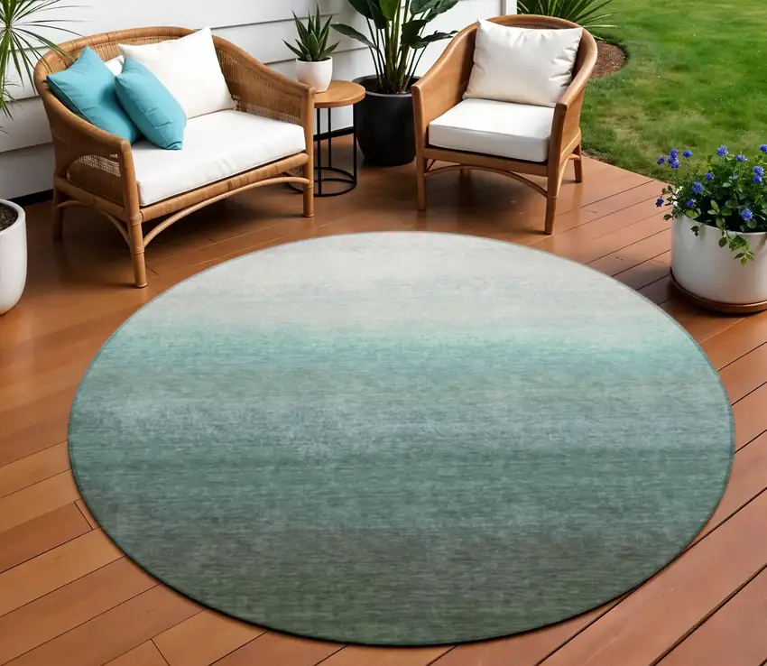 8' Pale Aqua And Gray Round Ombre Washable Indoor Outdoor Area Rug Photo 2