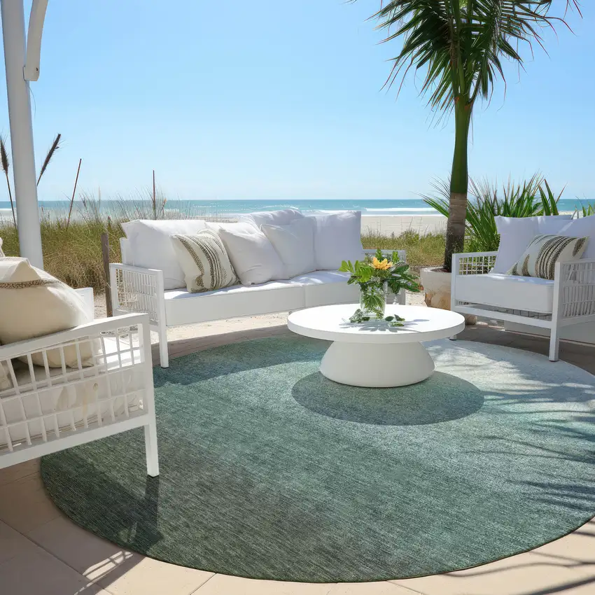 8' Pale Aqua And Gray Round Ombre Washable Indoor Outdoor Area Rug Photo 5