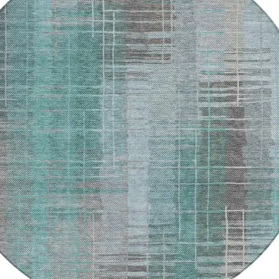 8' Pale Aqua And Gray Round Striped Washable Indoor Outdoor Area Rug Photo 6