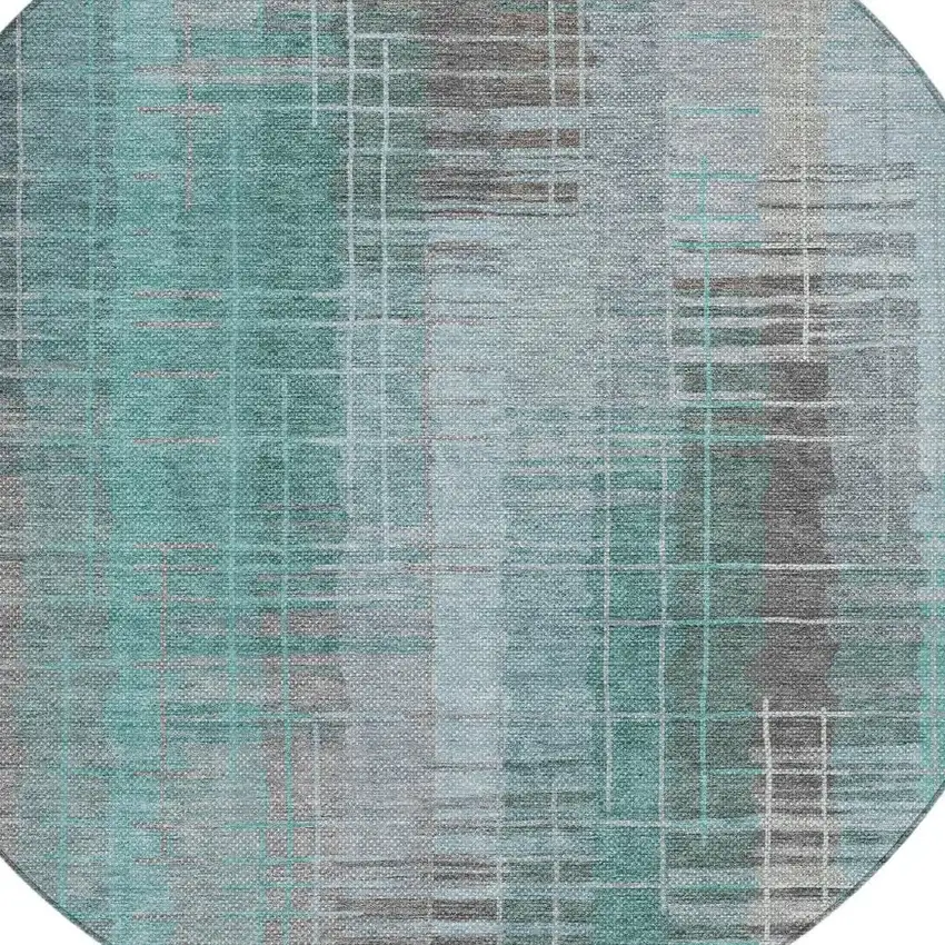 8' Pale Aqua And Gray Round Striped Washable Indoor Outdoor Area Rug Photo 6