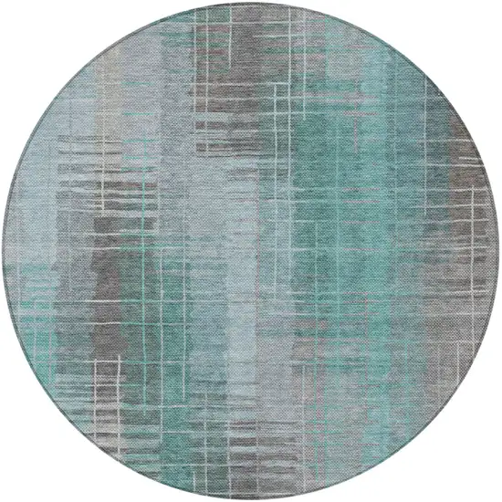 8' Pale Aqua And Gray Round Striped Washable Indoor Outdoor Area Rug Photo 4