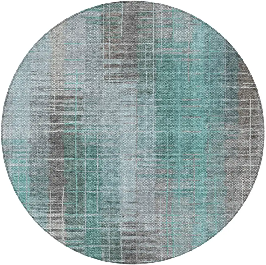 8' Pale Aqua And Gray Round Striped Washable Indoor Outdoor Area Rug Photo 4