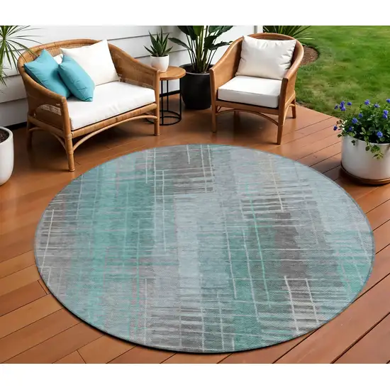 8' Pale Aqua And Gray Round Striped Washable Indoor Outdoor Area Rug Photo 1