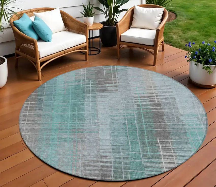 8' Pale Aqua And Gray Round Striped Washable Indoor Outdoor Area Rug Photo 1