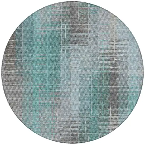 8' Pale Aqua And Gray Round Striped Washable Indoor Outdoor Area Rug Photo 5