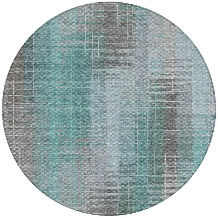 8' Pale Aqua And Gray Round Striped Washable Indoor Outdoor Area Rug Photo 5