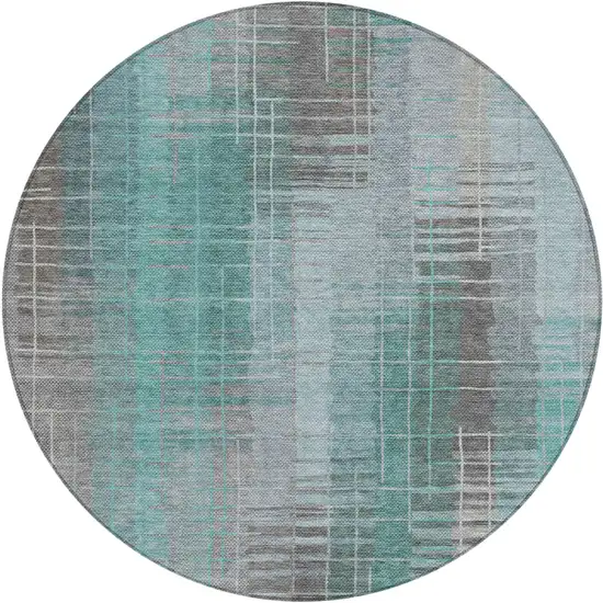 8' Pale Aqua And Gray Round Striped Washable Indoor Outdoor Area Rug Photo 2