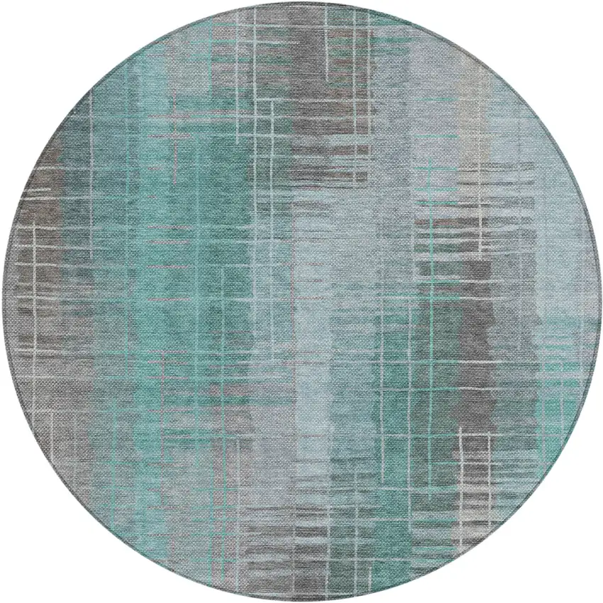 8' Pale Aqua And Gray Round Striped Washable Indoor Outdoor Area Rug Photo 2