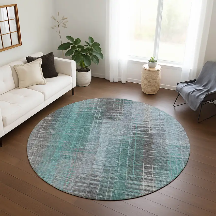 8' Pale Aqua And Gray Round Striped Washable Indoor Outdoor Area Rug Photo 9