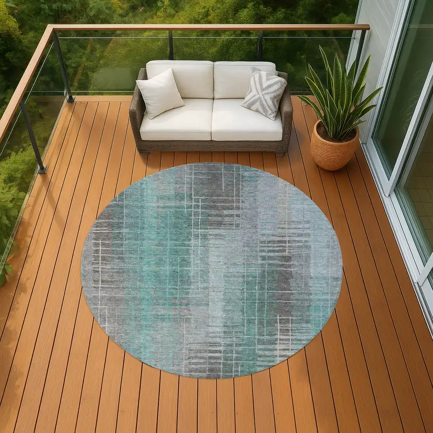 8' Pale Aqua And Gray Round Striped Washable Indoor Outdoor Area Rug Photo 8