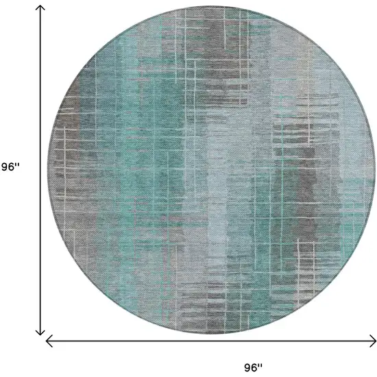 8' Pale Aqua And Gray Round Striped Washable Indoor Outdoor Area Rug Photo 3