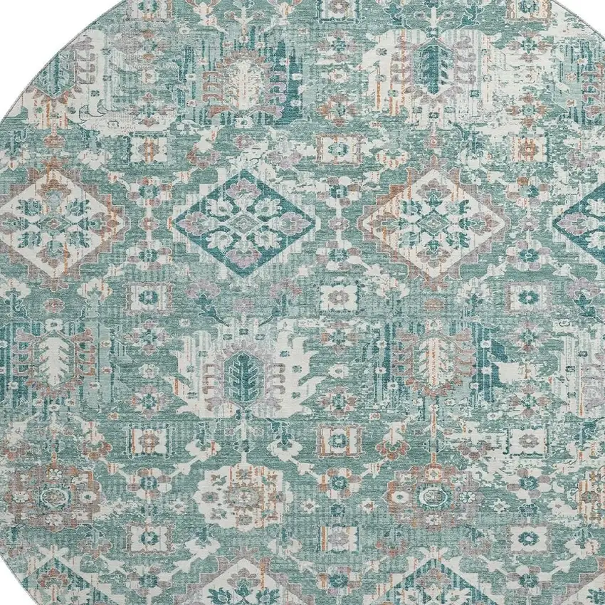 8' Pale Aqua And Ivory Oriental Washable Round Rug With UV Protection Photo 3