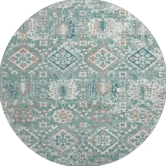 8' Pale Aqua And Ivory Oriental Washable Round Rug With UV Protection Photo 4