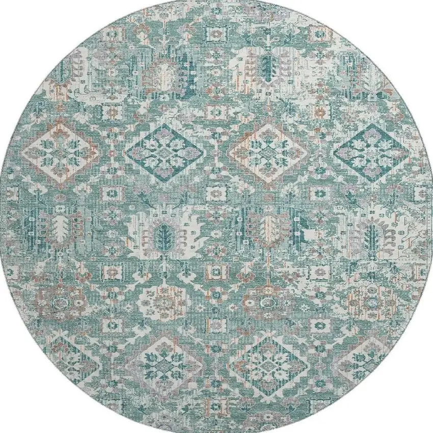 8' Pale Aqua And Ivory Oriental Washable Round Rug With UV Protection Photo 4