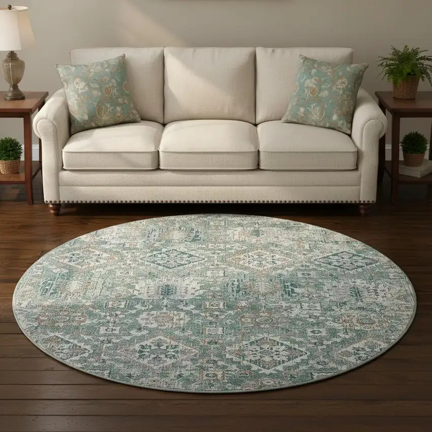 8' Pale Aqua And Ivory Oriental Washable Round Rug With UV Protection Photo 2