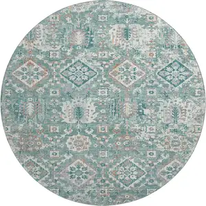 Photo of 8' Pale Aqua And Ivory Oriental Washable Round Rug With UV Protection
