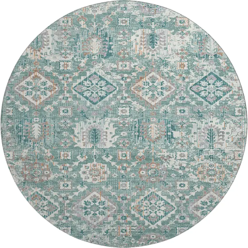 8' Pale Aqua And Ivory Oriental Washable Round Rug With UV Protection Photo 1