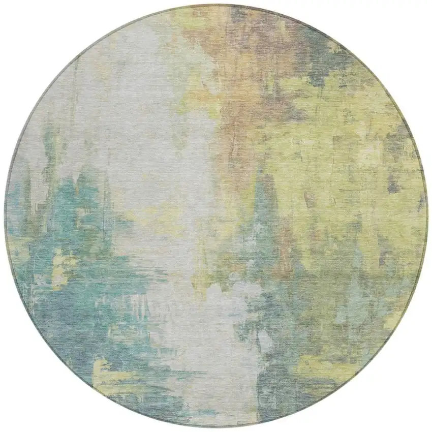8' Pale Aqua And Ivory Round Abstract Washable Indoor Outdoor Area Rug Photo 3