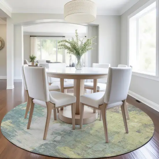 8' Pale Aqua And Ivory Round Abstract Washable Indoor Outdoor Area Rug Photo 6