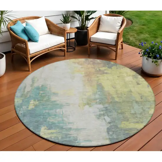 8' Pale Aqua And Ivory Round Abstract Washable Indoor Outdoor Area Rug Photo 2