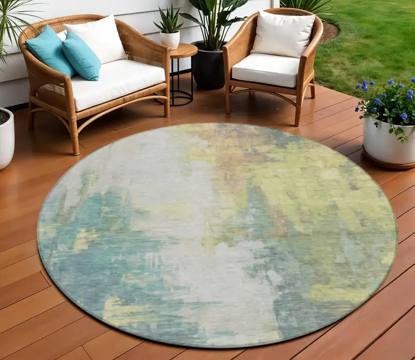 8' Pale Aqua And Ivory Round Abstract Washable Indoor Outdoor Area Rug Photo 2