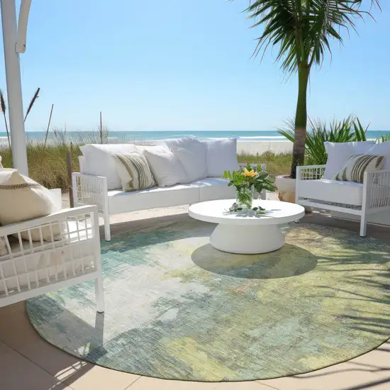 8' Pale Aqua And Ivory Round Abstract Washable Indoor Outdoor Area Rug Photo 5