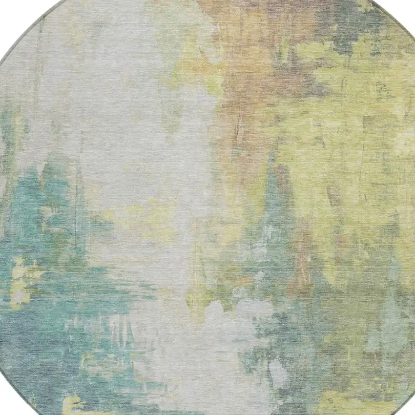 8' Pale Aqua And Ivory Round Abstract Washable Indoor Outdoor Area Rug Photo 9