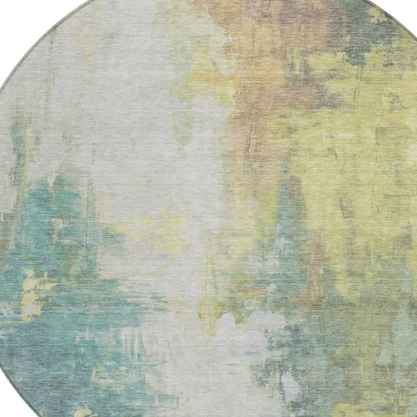 8' Pale Aqua And Ivory Round Abstract Washable Indoor Outdoor Area Rug Photo 4