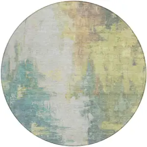 Photo of 8' Pale Aqua And Ivory Round Abstract Washable Indoor Outdoor Area Rug